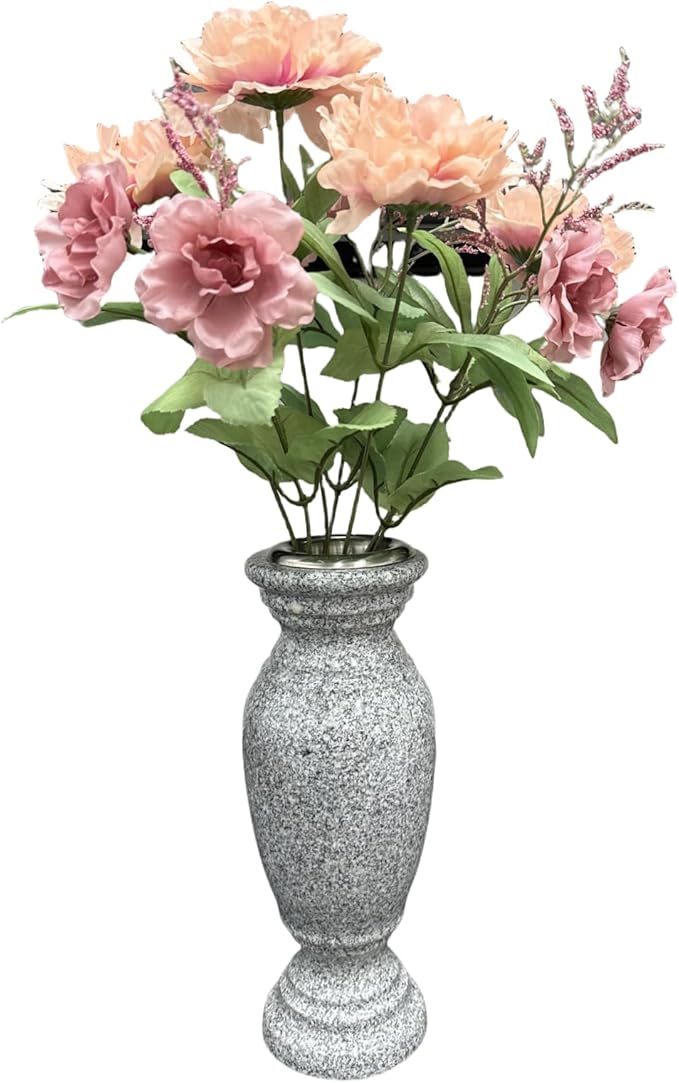 Memorial Cemetery Flower Vase - Real Granite (Grey Granite), with Stainless Steel Inner, Grave Marker, Decorations for Gravesite, Headstone Flowers Holder, Garden Lawn & Yard