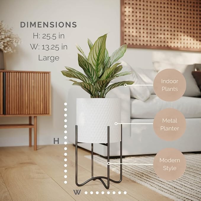EverNest Claire Mid-Century Modern White Plant Pot with Ambrose Stand, SelectBase, Indoor Plant Pot, Bohemian Style, Minimalist Plant Home Décor (Large, Black)