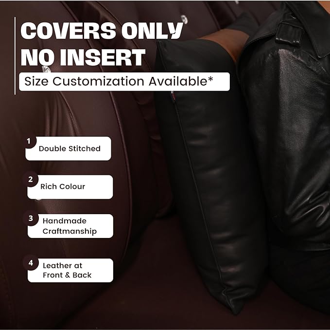 D DOLLY LAMB Lambskin Leather Pillow Cover - Sofa Cushion Case - Decorative Throw Covers for Living Room & Bedroom, 20x20 Inches - Black and Tan Crunch Plain