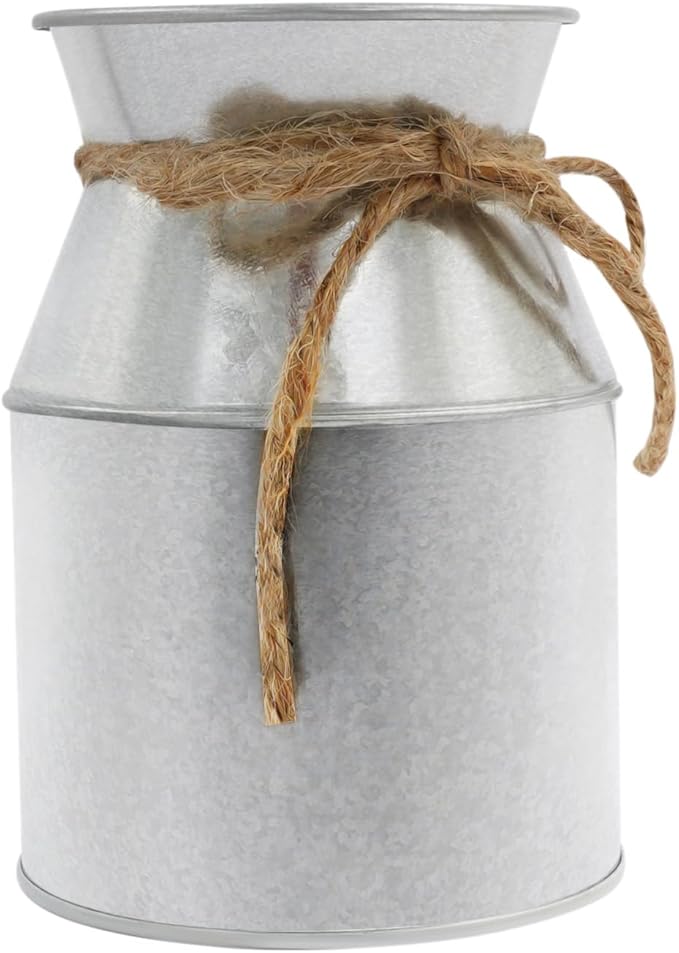 Flower Vase Decor, Farmhouse Metal Galvanized Milk Can Jug Vase with Bow, Flower Buckets for Artificial Flowers for Table Centerpiece Weddings(Silver)