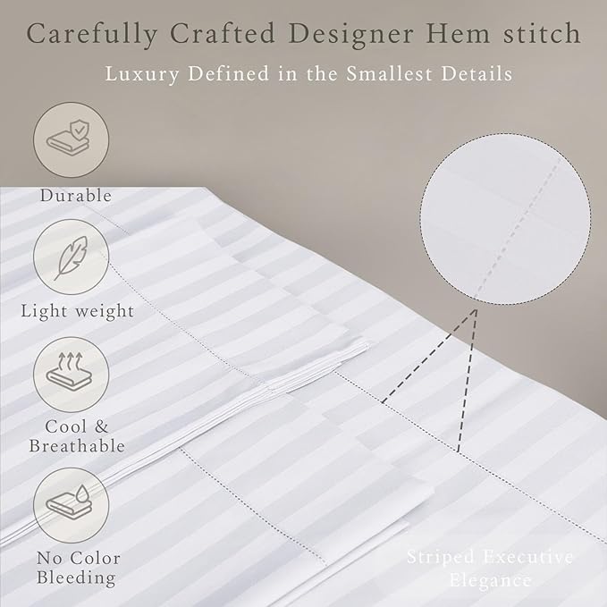 Threadmill 500 Thread Count King Size Damask Stripe, 4 Pc Luxury Cotton Bed Sheet Set, Silky Soft Hotel White Sheets with 16" Elasticized Deep Pocket, 2 Pillowcases & Free Tote Bag