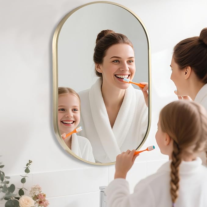 Gold Oval Mirror, 22"x30" Oval Bathroom Mirror, Vanity Mirror with Brushed Metal Frame, Wall Mount Mirrors Decor for Bathroom, Bedroom, Entryway, Living Room(Hangs Horizontally or Vertically)