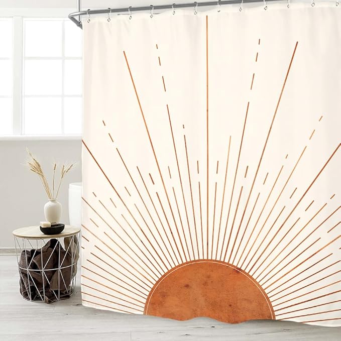 Miyotaa Rust Sun Abstract Shower Curtain Set 71Wx71H Inches Minimalist Mid Century Modern Vintage Aesthetic Sunrise Polyester Waterproof Bathroom Curtain with 12 Hooks