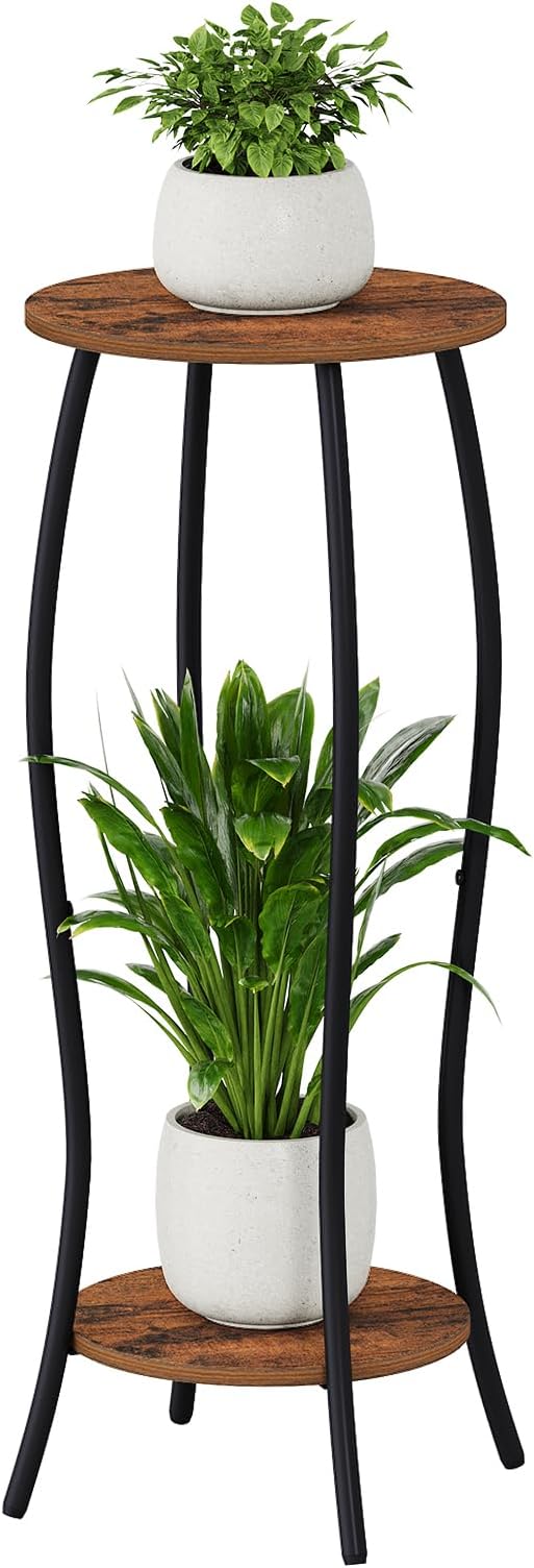 YINMIT Plant Stand Indoor, Tall Plant Stand, 2 Tier Plant Shelf Holder, Metal 4-Leg Corner Plant Stand for Indoor Plants, Wood Round Flower Stand for Living Room Balcony Garden, Retro