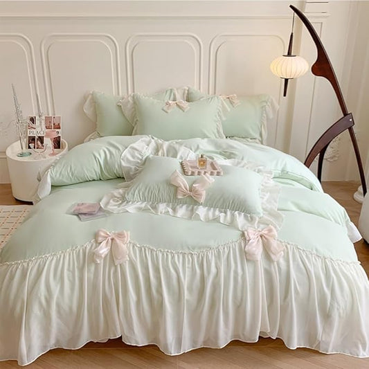 Girls Lace Bedding, Queen Comforter Cover Set, Chic Ruffled Duvet Cover with Lovely Bow,Princess Style 1 Duvet Cover with 2 Pillowcases, No Comforter-Green,Queen Size