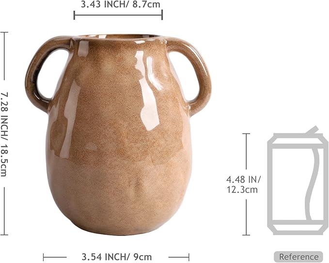 Antique Brown Ceramic Vase with Handles, Rustic Farmhouse Decor, 7 Inch Glazed Pottery Flower Vases for Home Decor, Handmade Decorative Vase for Flowers, Bouquet, Table, Kitchen, Living Room