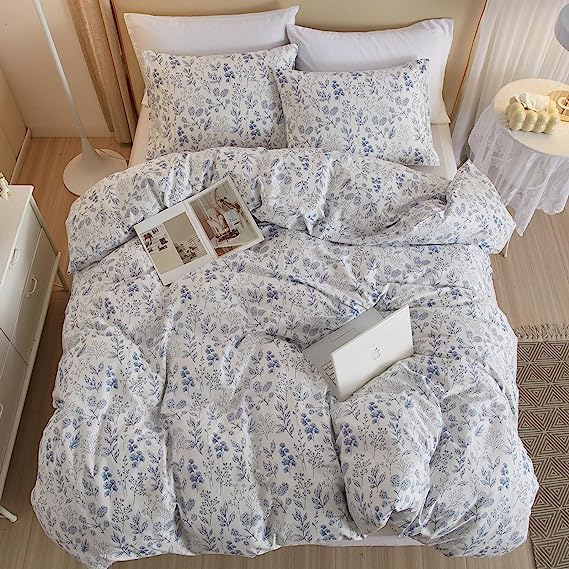 LifeTB Vintage Style Cotton Floral Duvet Cover Queen Boho Blue Floral Bedding Sets Chic Shabby Aesthetic Floral Comforter Cover Soft Botanical Bedding Sets 1 Queen Duvet Cover 2 Pillow Shams