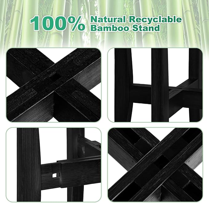 Rnined Plant Stand Indoor, Bamboo Plant Shelf, Adjustable Corner Plants Flower Holders Single Floor Plant Stand, Fits 8 to 12 Inches Pots,(Pot & Plant Not Included)(Black)