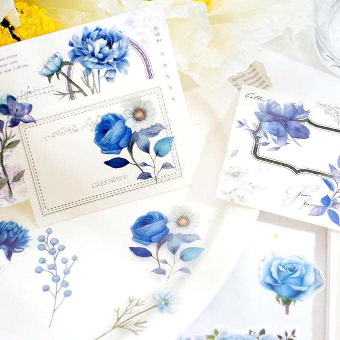 Obujopal 100 Pcs Blue Flower Stickers, Wildflower Stickers for Scrapbooking Junk Journal Card Making Collage Notebook Diary Planner Letter Envelope Water Bottle Phone Case Craft Decoration (Blue)