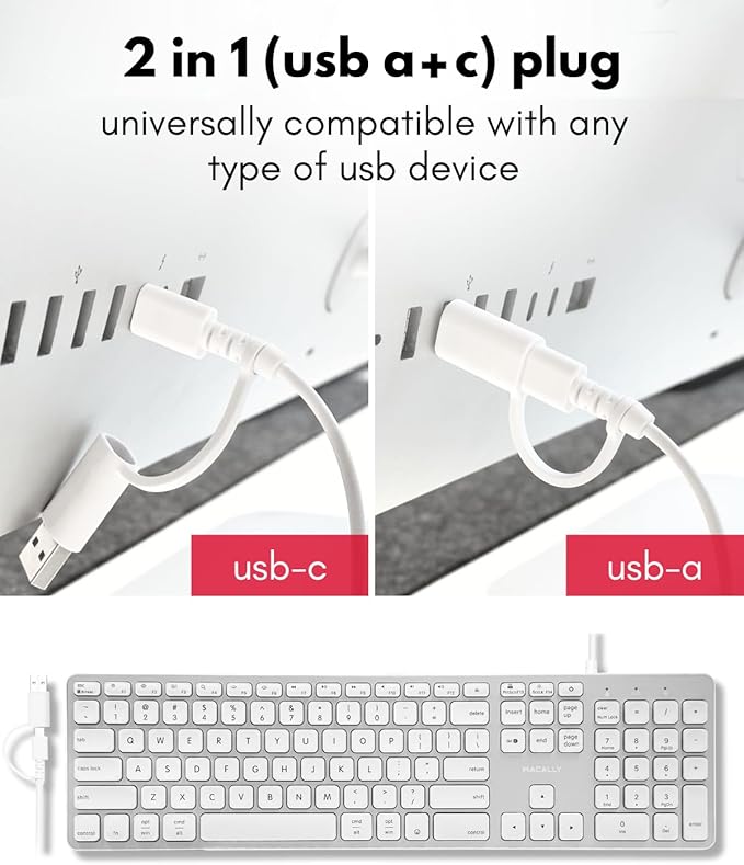 Macally Wired Keyboard for Mac with USB Hub (2X USB-A / 1x USB-C) - Compatible Backlit Apple Keyboard with Dual Interface - Auto OS Detection for Mac, MacBook, iMac, PC, Android, iPad, iOS - Silver