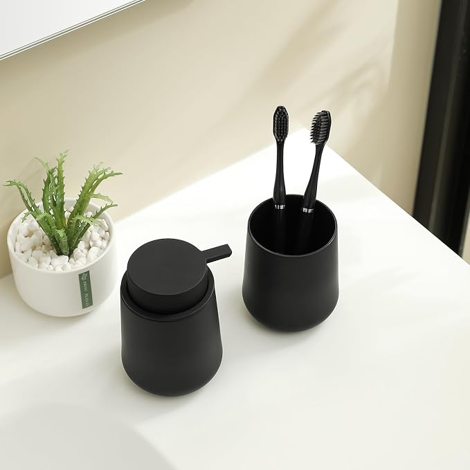 YAUKPH Matte Black Bathroom Accessories 2 Piece Set Plastic Soap Dispenser and Toothbrush Holder for Modern Bathroom Decor