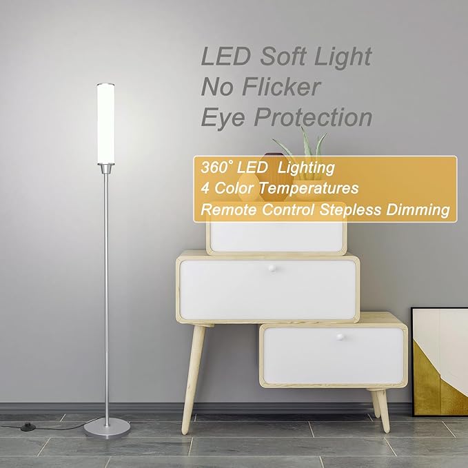 Nukanu Floor Lamp with Remote Control,Bright Floor Lamps for Living Room/Bedroom/Office, Stepless Adjustable 3000K-6000K Colors and 10-100% Brightness,Standing Light with Foot Switch (Nickel)