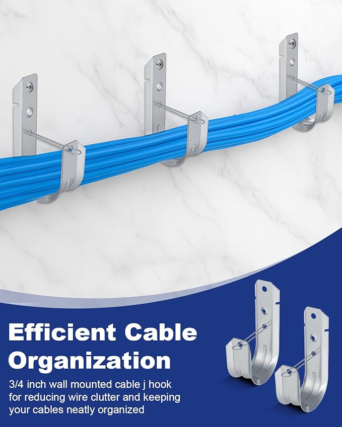 2" Galvanized Steel J-Hooks, Heavy Duty Wall Mount Cable Support J Hook with Retainer Clip for Cable Management (50 PCS)