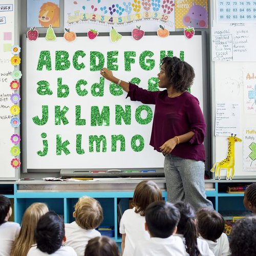 Glitter Bulletin Board Letters by [Brand Name] - 225 Pcs 4-Inch Alphabet & Punctuation Cutouts for Classroom Decor (Green)