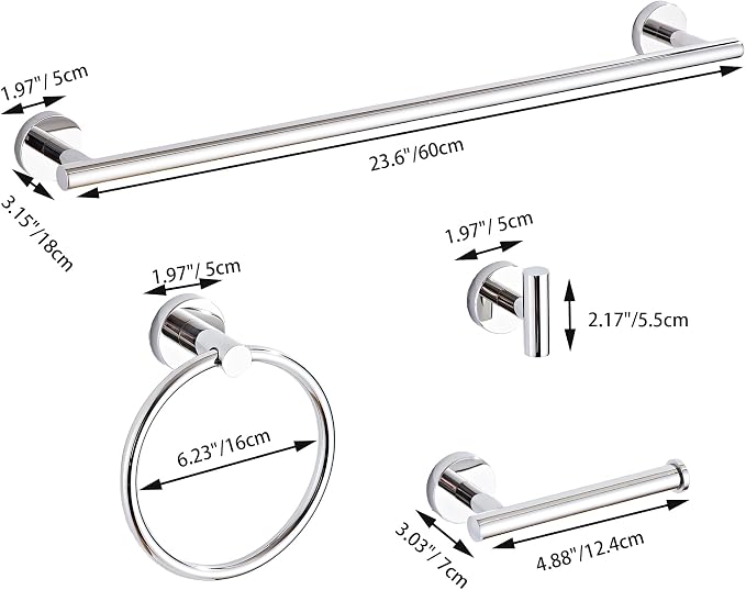 Chrome Bathroom Hardware Set 10 Piece with Towel Racks for Bathroom, SUS304 Stainless Steel Bath Towel Bar Set, 24 Inch Wall Mounted Accessories Kit