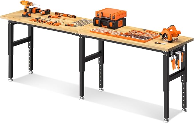 96 Inches Workbench, Rubber Wood Tabletop Work Table, 5500 LBS Heavy Duty Adjustable Height Work Bench with 2 Power Outlets for Workshop, Office, Garage