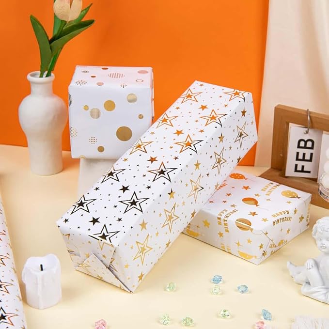 Linnoptimix Birthday Wrapping Paper Rolls -3 LARGE ROLL-27inch*78 inch per roll Colorful Foil wrapping paper(Birthday 3 White/Gold（008）)