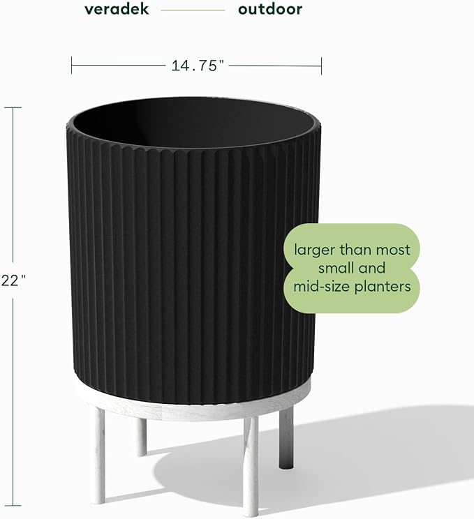 Veradek Demi Series Round Planter w/Stand for Porch/Patio | Durable Plastic-Stone Composite & Wooden Stand | Modern Décor for Tall Plants, Flowers