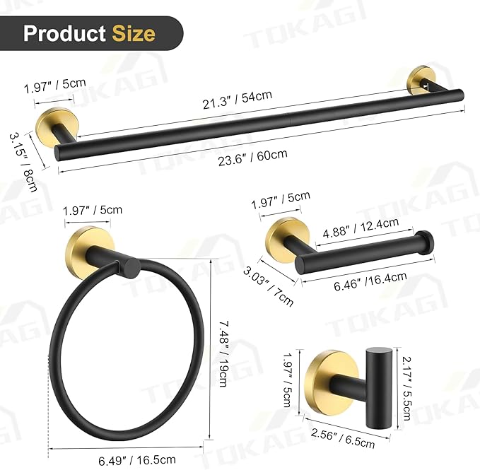 TQKAG Black and Gold Bathroom Accessory Set 5 Pieces, Round Stainless Steel Bath Towel Bar Set 23.6 Inch Towel Racks for Bathroom Wall Mounted