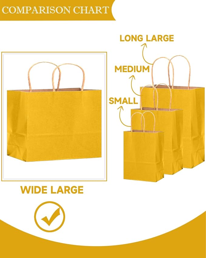 qiqee 13"x4.5"x10" Large Gift Bag with Handles Bulk 32PCS Gift Paper Bags Yellow Bags Multiple Uses (Wide Large)