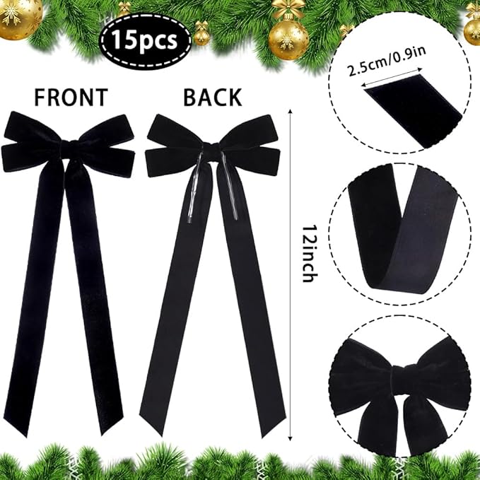 JOICEE 15Pcs Black Velvet Bows, 5in x 12in Christmas Tree Wreath Bows Rustic Crafts Gift Ribbon Bow for Xmas Tree Topper Wreath Garland Fireplace Mantel Staircase Wedding Home Decor