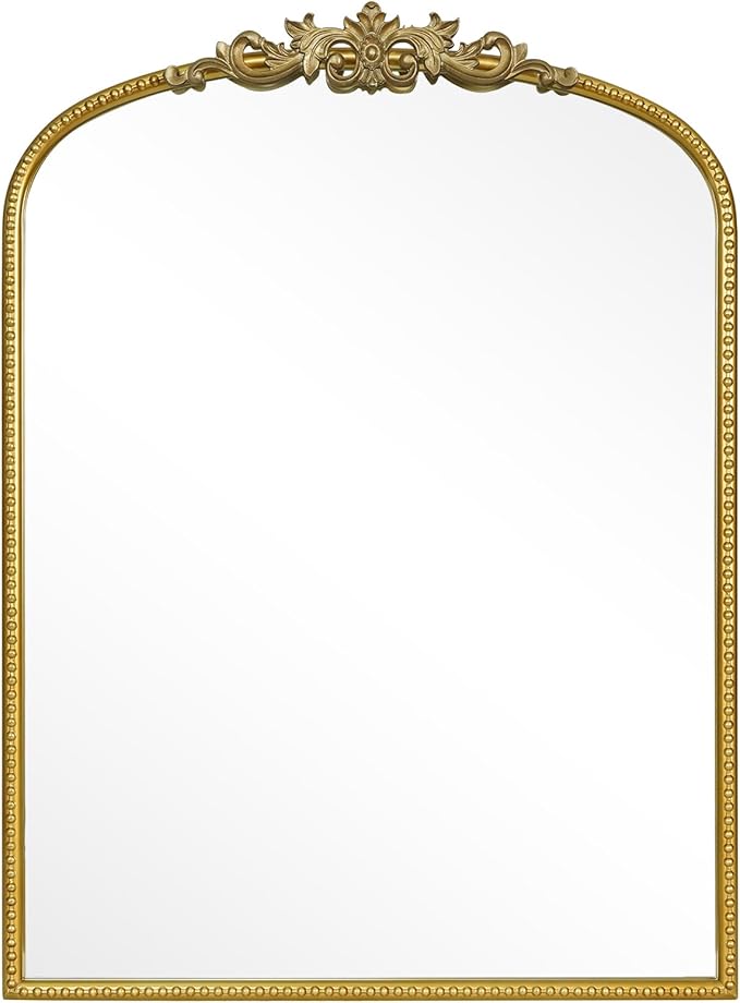 WallBeyond Gold Vintage Mirror for Vanity 28x36 Inch, Gold Antique Mirror with Ornate Frame, Arched Vintage Wall for Bathroom, Living Room, Fireplace, Entryway