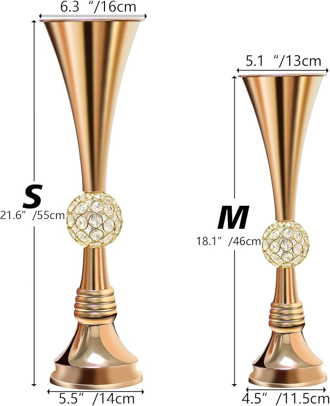 VIJIV 22" Gold Luxury Flower Vase for Wedding Centerpieces - Crystal-Embedded Tall Geometric Metal Vase for Feather, Rust-Resistant Table Decor for Gatsby Party/Reception/Hotel Floral Arrangements