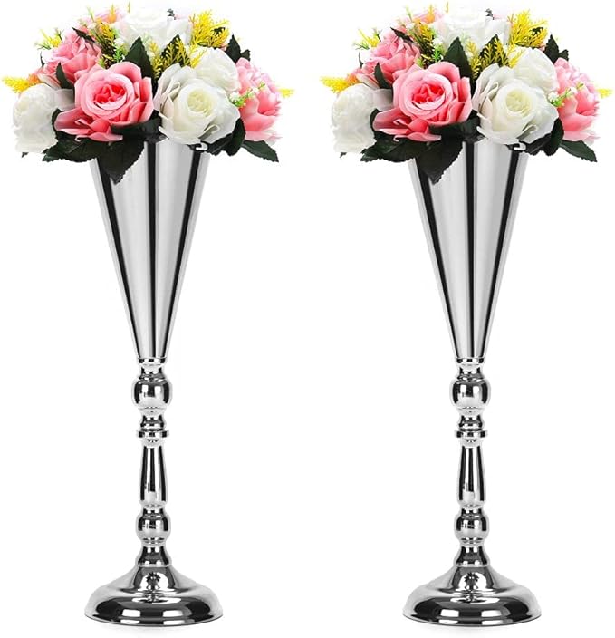 Set of 2 Tabletop Metal Wedding Flower Trumpet Vase Wedding Centerpiece Flower Vase for Wedding Event Decoration Living Decor Party Decor (Silver, 2×L)