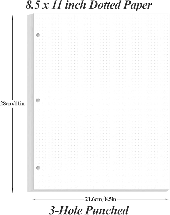 3-Hole Dotted Paper Refills, Letter Size 100Sheets / 200Pages Loose-Leaf Paper, 100gsm, White, 8.5'' x 11''