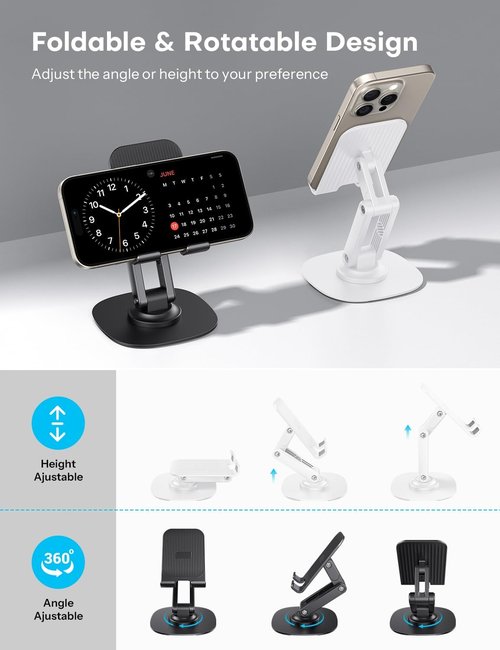 OMOTON Adjustable Cell Phone Stand - 360° Swivel Holder for iPhone 17/16/15/14/13 Pro Max | 2-Pack, Black & White