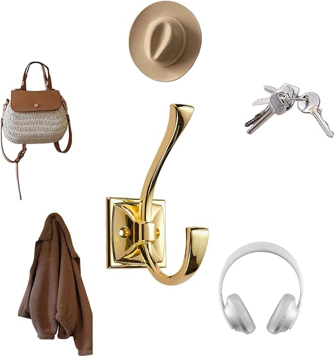 5 Pack Decorative Heavy Duty Towel Hooks for Hanging Robe Double Polished Brass Coat Hooks Wall Mounted with Screws for Key, Towel, Bags, Cup, Hat