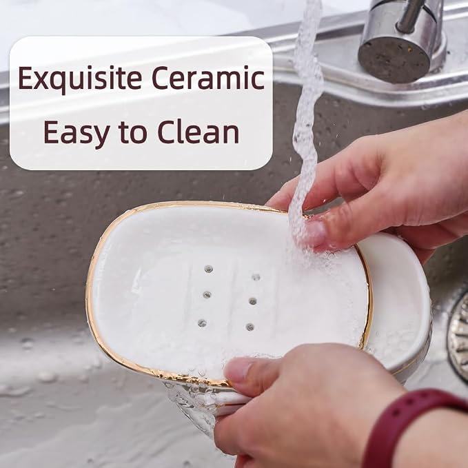 Self Draining Soap Dish, Double-Layer Bar Soap Tray, White Ceramic Soap Dish with Elegant Patterns (White with Gold Line)