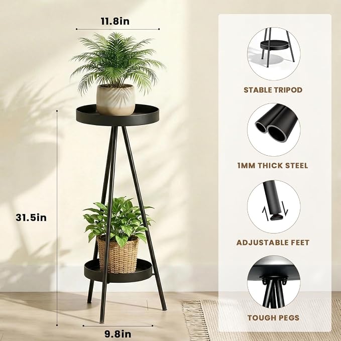 2 Tier Tall Plant Stand Indoor Outdoor, 31.5" Metal Modern Flower Corner Holder, Black Iron Plant Shelf Rack, Heavy Duty for Small Spaces, Bedroom & Balcony