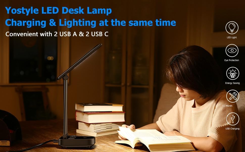 Yostyle LED Desk Lamp - 4 USB Charging Ports & 2 AC Outlets | 3-Level Brightness, Touch Control