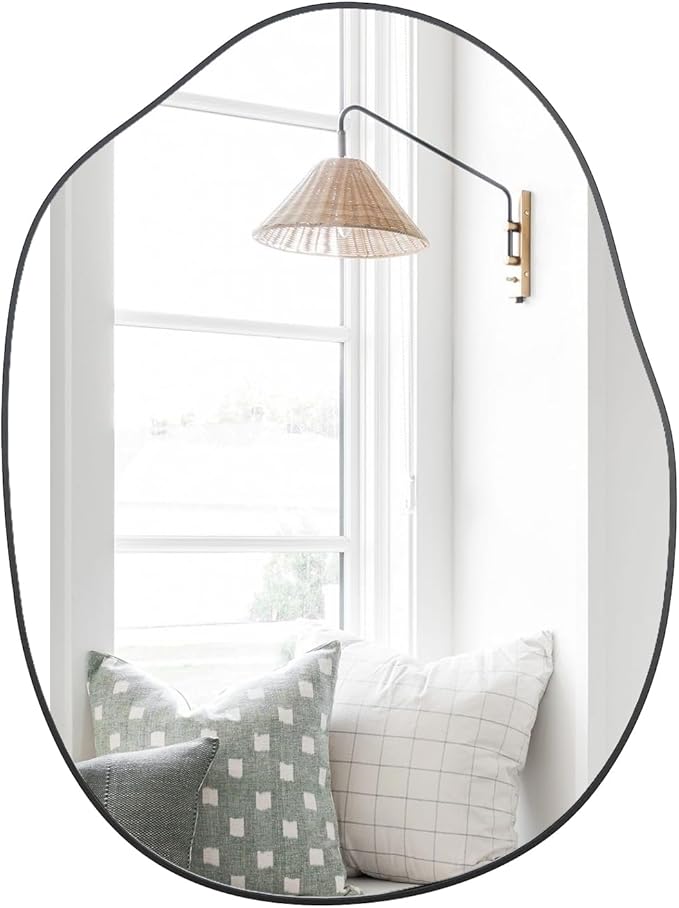 Black Mirror for Bathroom,24"x32" Wood Framed Vanity Mirror,Irregular Oval Wall Mirror Asymmetrical Aesthetic Mirror for Living Room Bedroom Entryway Horizontal/Vertical