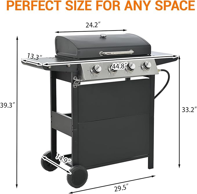 EUHOME 4-Burner Gas Grill with Side Burner & Cover, 51000 BTU Stainless Steel Outdoor BBQ Grill, 452 sq.in Cooking Area, Ideal for Backyard, Patio Large Gatherings