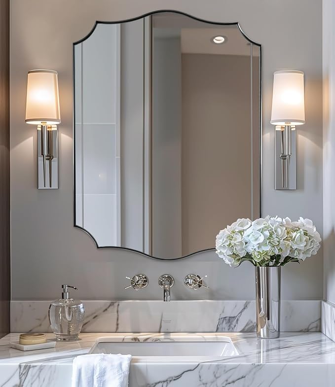 ANDY STAR Chrome Bathroom Mirror, 22x30 Inch Polished Nickel Vanity Mirror, Modern Scalloped Mirror for Bathroom with Anti-Rust Stainless Steel Frame, Hangs Vertical or Horizontal