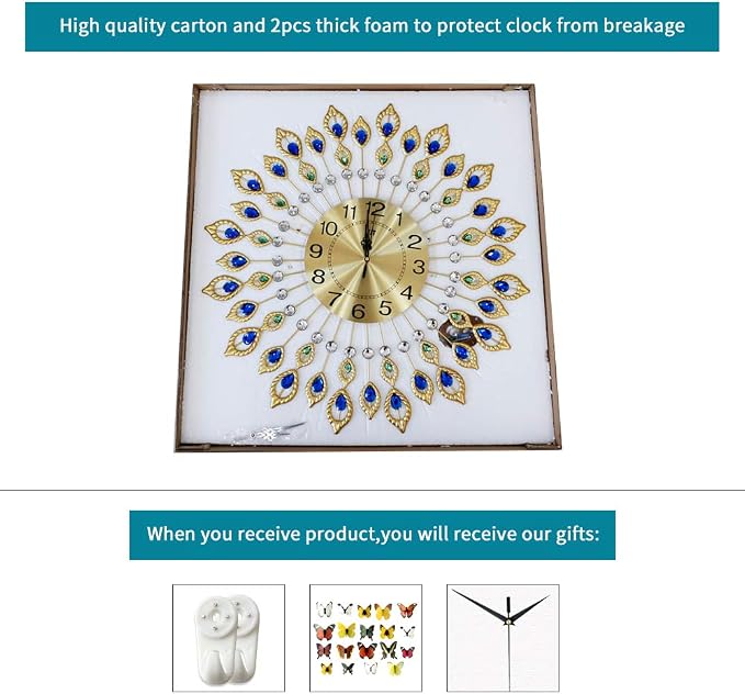 Large Modern Wall Clock for Living Room Decor, 24 Inch Big Decorative Crystal Peacock Wall Clock Battery Operated Non Ticking for Kitchen Bedroom, Gold Metal Silent Wall Clocks for Home