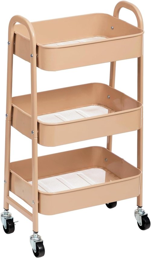 AGTEK 3-Tier Utility Rolling Cart - Lockable Wheels & Metal Storage Organizer for Kitchen, Office, Craft | Blush