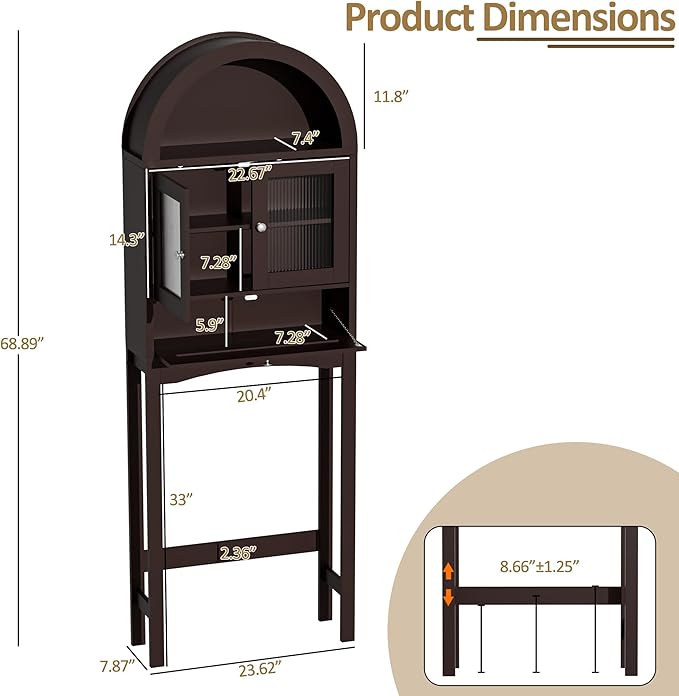 Spurgehom Over The Toilet Storage Cabinet, Bathroom Shelf Organizer Freestanding, Bathroom Arch Cabinet Over Toilet with Glass Door and Anti-Tipping Device, Coffee