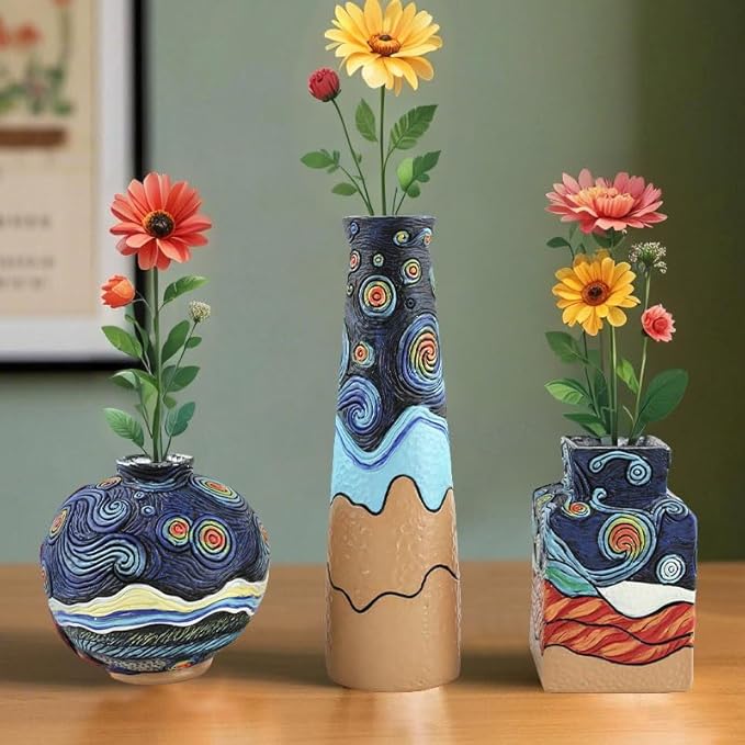 Starry Night Vase Plant Pot,Van Gogh Inspired Resin Flower Pot - Abstract Rainbow Planter with Artistic Brushstroke Design Stylish Art Flower Pot Unique Home Decor for Plants (3pcs)