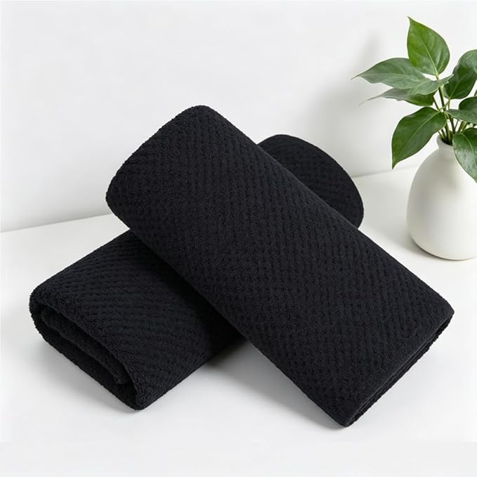2 Pcs Black Hand Towel Set 16"x31" Soft Highly Absorbent Quick Dry Bathroom Towels Polyester Plush Towels Set Woven Towels for Bathroom Kitchen Hotel Spa Gym