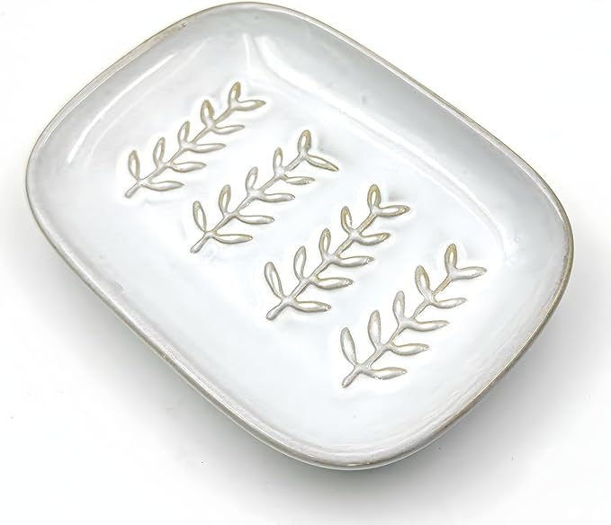 HighHerz Aesthetic Ceramic Soap Dish for Shower, Soap Holder with Raised Relief, Shower Soap Dish for Shampoo Bar Or Sponge, Soap Saver for Bathroom, Kitchen, Sink, Decorative Soap Tray (White)