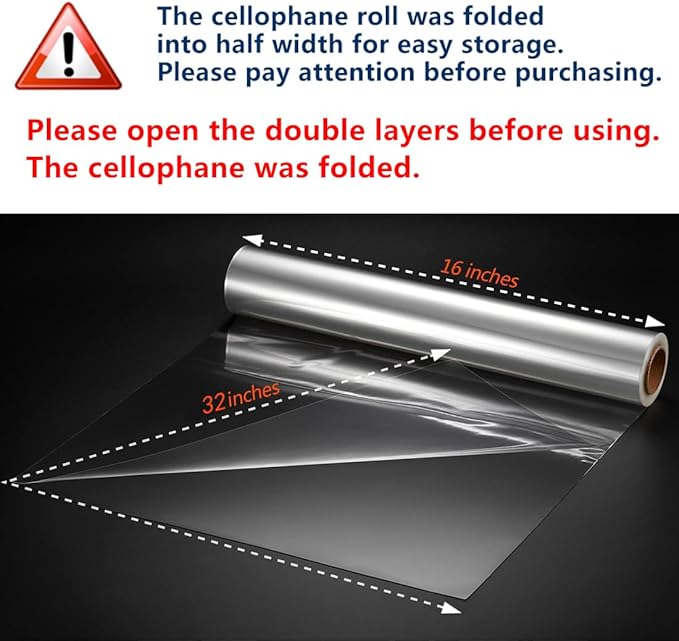 PerkHomy 100Ft Folded Clear Cellophane Wrap Roll 31.5" x 100' 3 Mil Thick Cellophane For Gift Basket Treats Goodie Wrapping Craft Flower Bouquet Plastic (31.5" fold into 16")