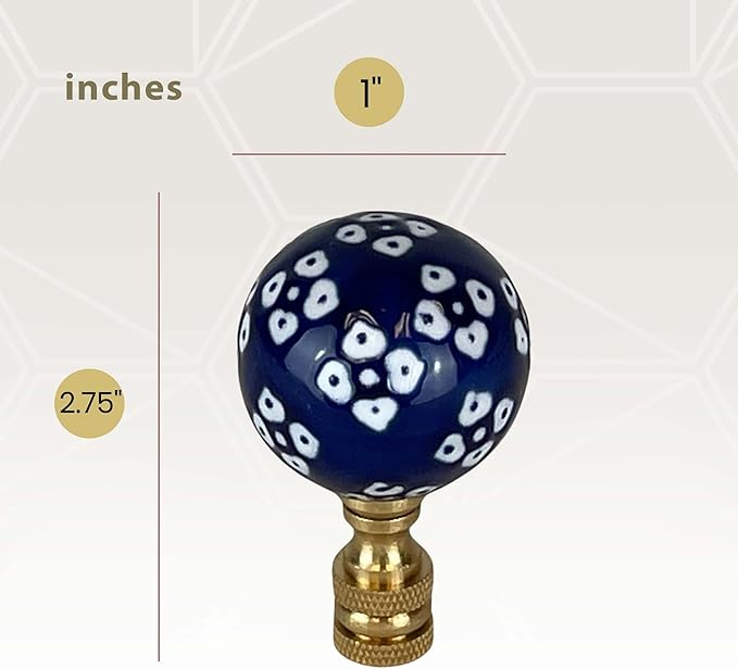 Royal Designs, Inc. Blue Porcelain Ball with White Ornament Design Finial for Lamp Shade, Polished Brass