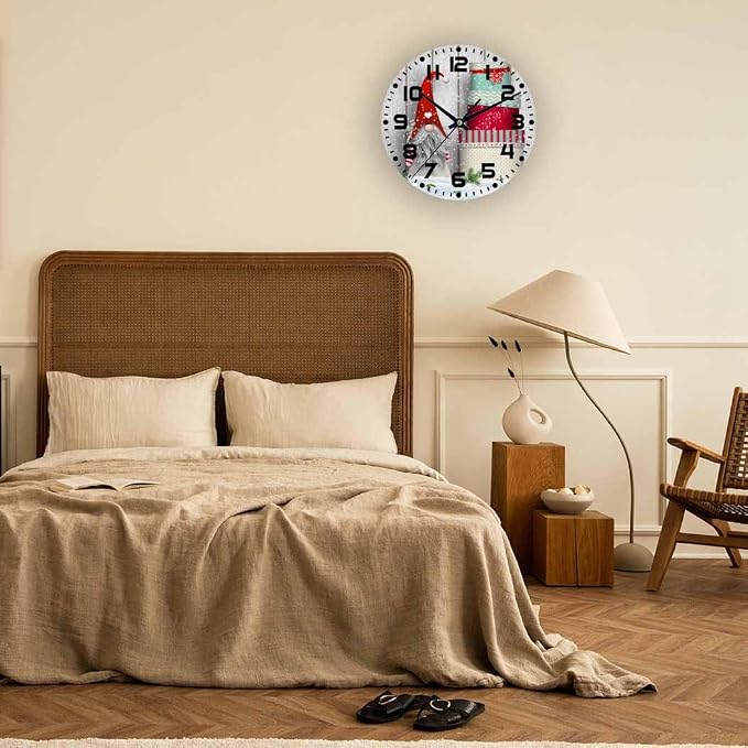 Nordic Christmas Motive Wall Clock Tomte Standing Wooden Wall in Snow Battery Powered Wall Clock Silent Non Ticking 10 Inch for Living Room, Kitchen, Home,Bathroom, Bedroom