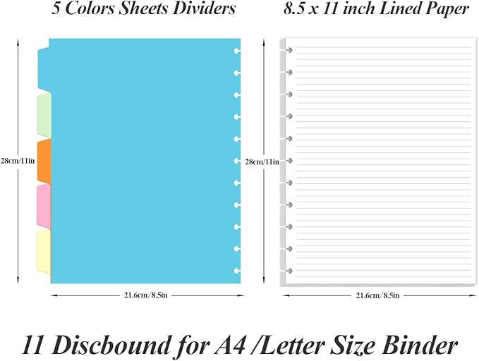 Letter Size Discbound Refill Paper, 11 TUL Paper Refills - 50 Sheets/100 Pages Loose Leaf Planner Refills, 5 Sheets Dividers, 8.5" x 11"