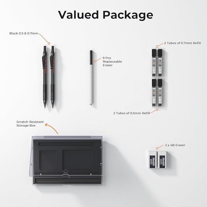 Nicpro 2 PCS Mechanical Pencil 0.5mm & 0.7 mm with Case, MP1000 Metal Artist Pencil Set with 4 Tubes HB Lead Refills, 2 Erasers, 9 Eraser Refills For Art Writing Drafting, Drawing, Sketch, Black