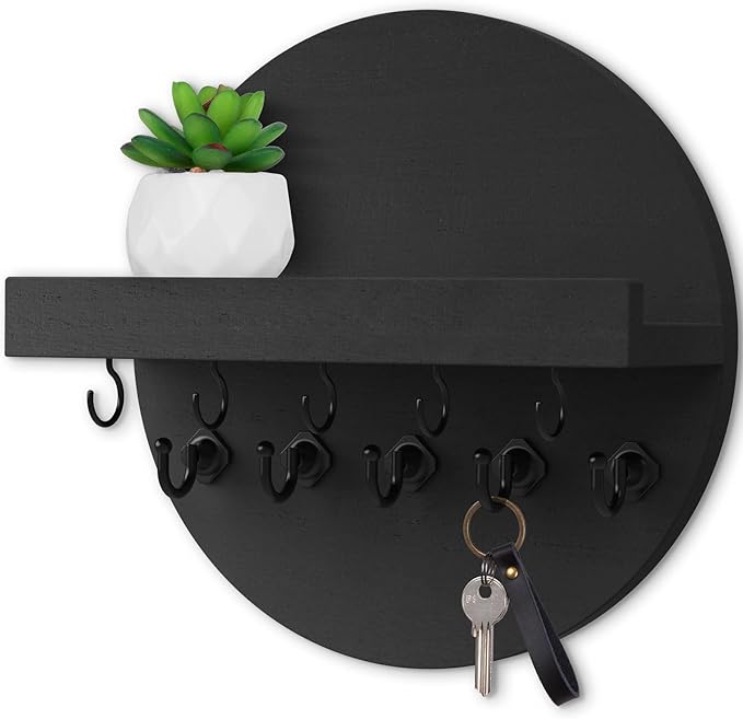 Nekon Key Holder Wall Mount, Key and Mail Organizer for Wall, 9.8 Inch Round Wooden Rustic Wall Organizer for Entryway, Hallway, Kitchen, Office (Black)