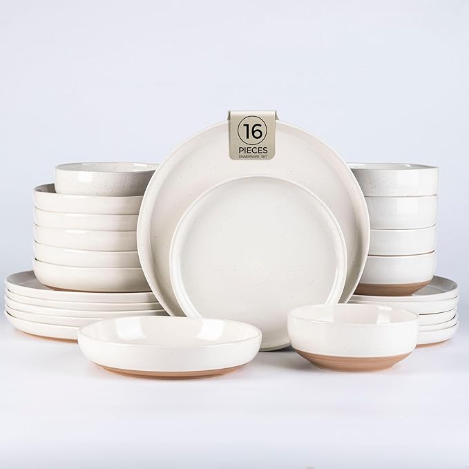 AmorArc Ceramic Dinnerware Sets with Pasta Bowls for 4, Handpainted Plates and Bowls Set with Rustic Terracotta Underside, Scratch Resistant Dishes Set, Dishwasher & Microwave Safe, 16 Pcs
